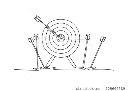 One line drawing of target with a bullseye arrow and several missed arrows. Symbolizing success, failure, and the concept of hitting your goals. Continuous line draw design graphic vector illustration One line drawing of target with a bullseye arrow and several missed arrows. Symbolizing success, failure, and the concept of hitting your goals. Continuous line draw design graphic vector illustration 129666589