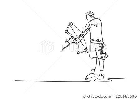 Continuous line drawing young man holding compound bow and arrow, capturing the moment of preparation before taking a shot in the sport of archery. Single line draw design vector graphic illustration Continuous line drawing young man holding compound bow and arrow, capturing the moment of preparation before taking a shot in the sport of archery. Single line draw design vector graphic illustration 129666590