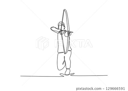 Continuous line drawing a man is at full draw with a recurve bow and arrow. Capturing the poised moment before the arrow is released in the sport. Single line draw design vector graphic illustration Continuous line drawing a man is at full draw with a recurve bow and arrow. Capturing the poised moment before the arrow is released in the sport. Single line draw design vector graphic illustration 129666591