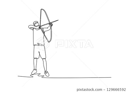 Single line drawing focused male archer is captured aiming traditional recurve bow. Symbolizing precision, sport, and the spirit of competition. Continuous line draw design graphic vector illustration Single line drawing focused male archer is captured aiming traditional recurve bow. Symbolizing precision, sport, and the spirit of competition. Continuous line draw design graphic vector illustration 129666592