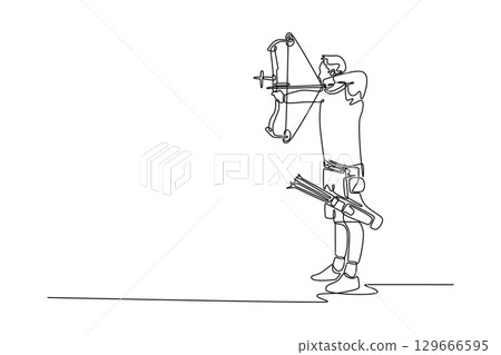 Single line drawing of sporty man archer drawing his bow and aiming arrow, depicting the intense focus and precision. Male archery athlete training for tournament. Graphic design vector illustration 129666595