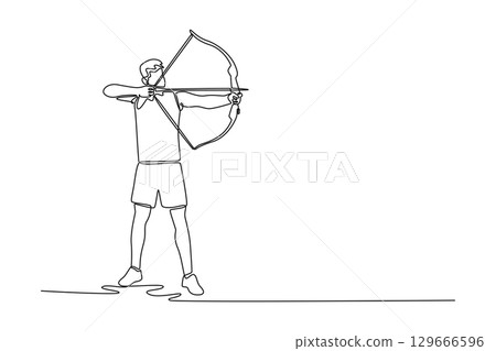 Continuous line drawing young man aiming with a bow and arrow. Representing the sport of archery, focus, precision, and skill. Concentration and physical form required for archery. Vector illustration Continuous line drawing young man aiming with a bow and arrow. Representing the sport of archery, focus, precision, and skill. Concentration and physical form required for archery. Vector illustration 129666596