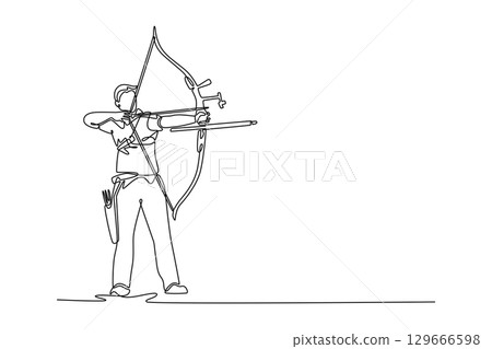 Continuous line drawing side view of male archer with archery gear drawing his bow and aiming arrow in stadium. Sportsman exercise focus, precision for national competition. Design vector illustration 129666598