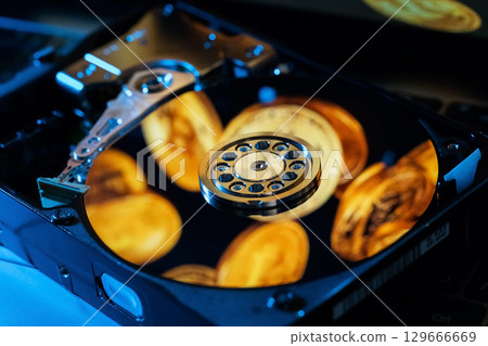Reflection of gold coins of the cryptocurrency on the hard disk 129666669