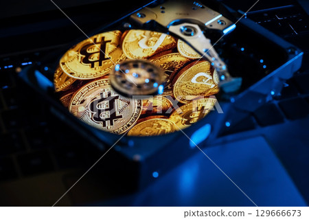 Reflection of gold coins of the cryptocurrency on the hard disk Reflection of gold coins of the cryptocurrency on the hard disk 129666673