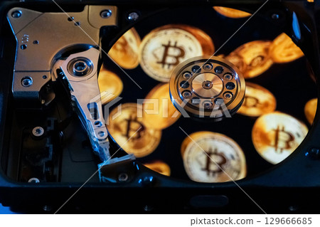An open hard drive with reflections of gold Bitcoin coins on its surface 129666685
