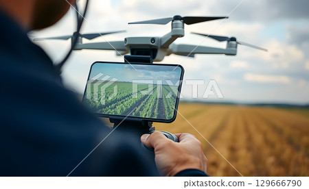 person operates drone while monitoring vineyard from smartphone display 129666790
