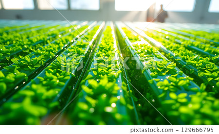 Lush green plants growing in hydroponic system, showcasing vibrant growth Lush green plants growing in hydroponic system, showcasing vibrant growth 129666795