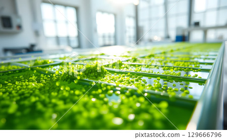 Laboratory setting with green algae samples in trays, showcasing scientific research 129666796