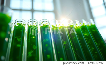Green test tubes filled with liquid laboratory setting scientific research sunlight Green test tubes filled with liquid laboratory setting scientific research sunlight 129666797