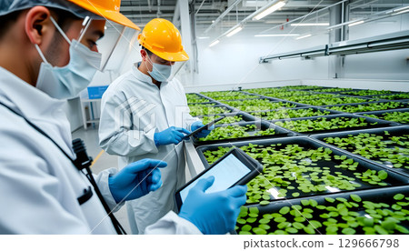 Innovative workers monitor hydroponic plants in modern facility 129666798
