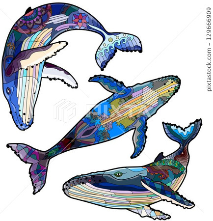 Set of swimming whale for anti stress Coloring Page. 129666909