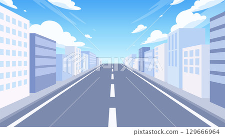 Illustration of a road in a city with buildings_blue_16:9 129666964