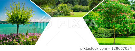 Flowerbeds in gardens and parks. Collage. Mosaic pattern. 129667034