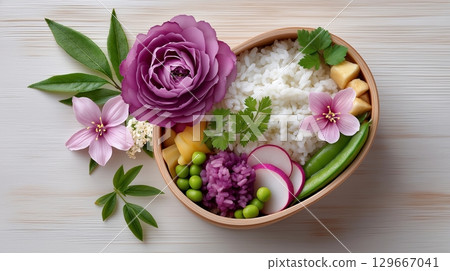 Spring Bento Box with Sakura Rice, Seasonal Vegetables in Minimalist Japanese Style 129667041