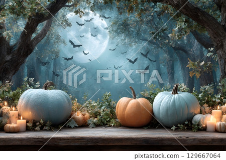 Pumpkins and lit candles rest on a wooden surface in a spooky forest with bats flying under a large moon, perfect for Halloween. 129667064
