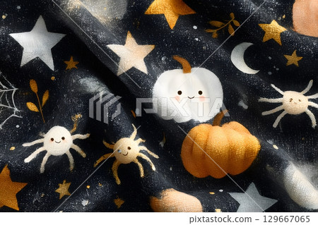 This dark Halloween fabric pattern presents cute pumpkins, friendly spiders, shining stars, and a crescent moon. It is a whimsical festive design. 129667065