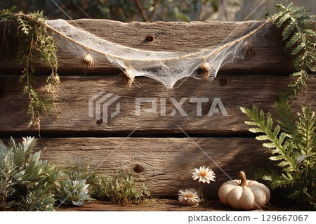 An old wooden background is adorned with a spooky spider web and rustic Halloween decorations, including a white pumpkin and seasonal plants. 129667067