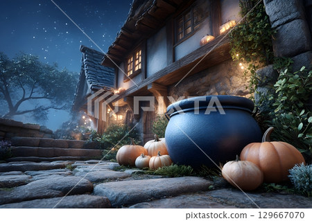 Halloween night scene at a charming house, with glowing lights, autumn pumpkins, and a large cauldron sitting on the stone path under stars. Halloween night scene at a charming house, with glowing lights, autumn pumpkins, and a large cauldron sitting on the stone path under stars. 129667070
