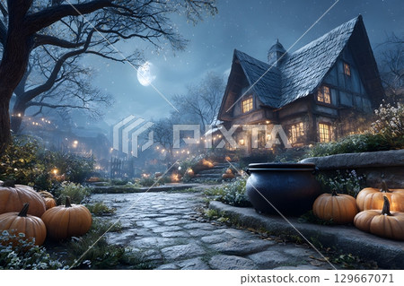 A charming house is decorated for Halloween, with many pumpkins and glowing lights along the path under a full autumn moon. A charming house is decorated for Halloween, with many pumpkins and glowing lights along the path under a full autumn moon. 129667071