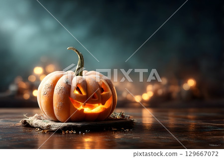 A glowing carved pumpkin for Halloween sits on a wooden surface, casting a warm light in a dark scene with festive blurred lights. 129667072
