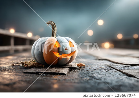 A glowing Halloween pumpkin sits on a wooden surface at night, displaying two distinct colors with mysterious lights in the misty background. A glowing Halloween pumpkin sits on a wooden surface at night, displaying two distinct colors with mysterious lights in the misty background. 129667074