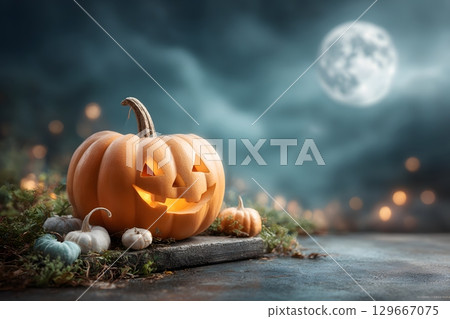 A carved Halloween pumpkin with a glowing face sits on a stone base under a bright full moon, creating a spooky night scene. 129667075