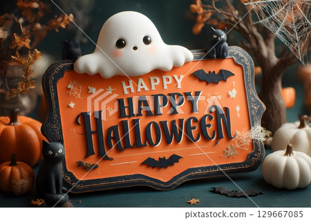 A cute ghost sits atop a festive Happy Halloween sign, joined by black cats, vibrant pumpkins, spooky bats, and delicate spiderwebs for a holiday scene. 129667085