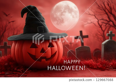 A festive carved pumpkin wearing a witch hat stands in a dark graveyard under a mystical full moon on Halloween night. 129667088