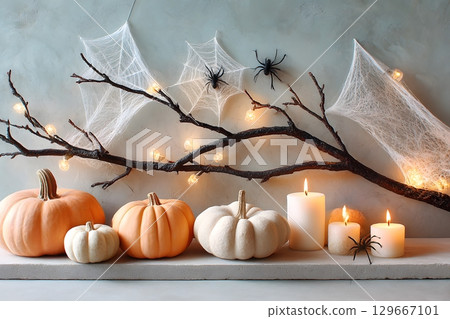An autumnal Halloween arrangement features diverse pumpkins, lit candles, spooky spider webs, and bare branches decorated with glowing lights. 129667101