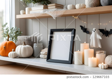 Cozy Halloween decorations showcase pumpkins, lit candles, a white ghost, and black bats on a home shelf. Cozy Halloween decorations showcase pumpkins, lit candles, a white ghost, and black bats on a home shelf. 129667103