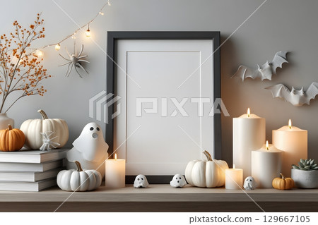 A Halloween decorated mantel with white and orange pumpkins, ghost figures, glowing candles, and spooky bats around an empty frame. A Halloween decorated mantel with white and orange pumpkins, ghost figures, glowing candles, and spooky bats around an empty frame. 129667105