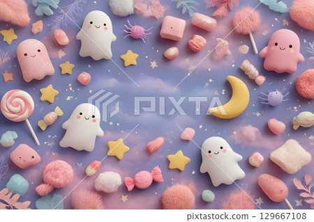 Soft pastel ghosts and various treats are scattered with bright stars and a crescent moon, evoking a cute Halloween spirit. Soft pastel ghosts and various treats are scattered with bright stars and a crescent moon, evoking a cute Halloween spirit. 129667108
