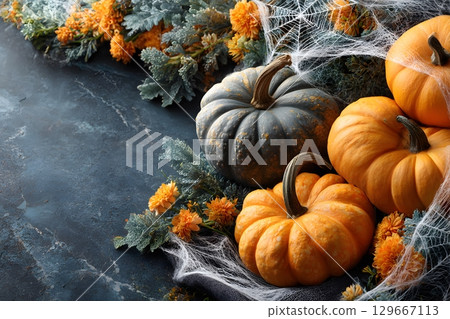 Assorted vibrant orange and unique grey pumpkins alongside eerie white spiderwebs, lush green foliage, and bright autumn flowers decorate a dark surface for Halloween. 129667113