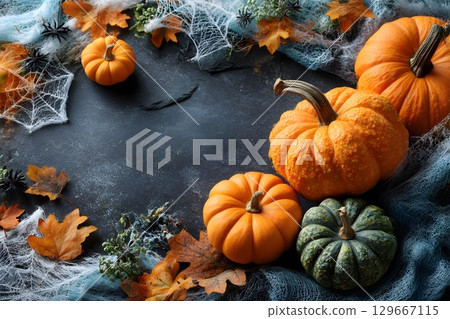 Orange and green pumpkins lie among autumn leaves and spooky spiderwebs creating a festive Halloween scene on a dark surface. Orange and green pumpkins lie among autumn leaves and spooky spiderwebs creating a festive Halloween scene on a dark surface. 129667115