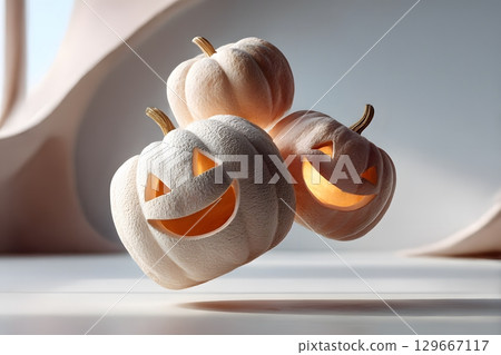 Three fuzzy white carved pumpkins with glowing orange light from their spooky faces float in the air, perfect for Halloween fun. 129667117