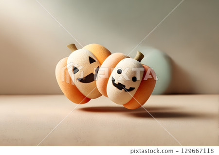 A pair of whimsical Halloween pumpkins with happy carved faces float softly, creating a charming festive scene for the holiday. 129667118