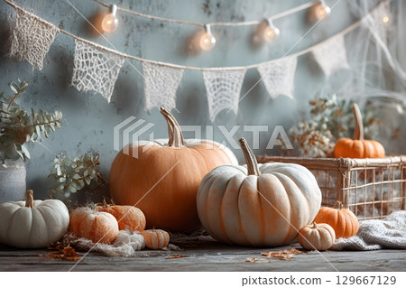 Various Halloween pumpkins decorate a cozy rustic setting, surrounded by soft string lights and delicate spiderwebs, perfect for an autumn celebration. 129667129