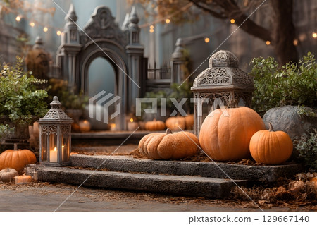 Rustic lanterns glow with candles, illuminating an inviting Halloween pumpkin display on old stone steps in an autumn garden scene. 129667140