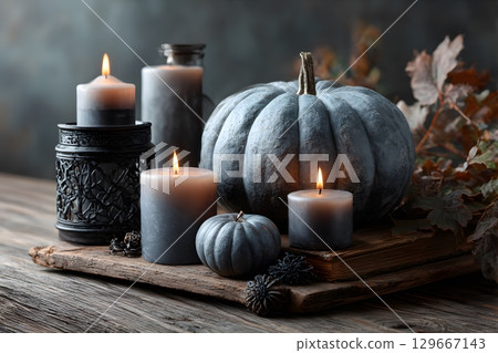 An elegant Halloween display features various grey pumpkins and warm glowing candles resting on an antique book, creating a cozy autumn atmosphere. 129667143