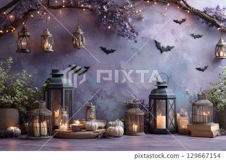 Halloween night display with vintage lanterns, warm glowing candles, small white pumpkins, and spooky bats decorating a mystical purple wall. 129667154
