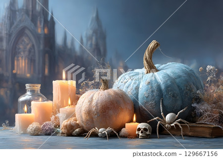A Halloween display features glowing pumpkins and candles, with spiders and a skull near an ancient castle at night. 129667156