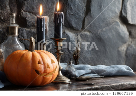 An illuminated Halloween pumpkin grins, sitting alongside flickering black candles and old glass bottles, creating a spooky, magical autumn night scene. An illuminated Halloween pumpkin grins, sitting alongside flickering black candles and old glass bottles, creating a spooky, magical autumn night scene. 129667159