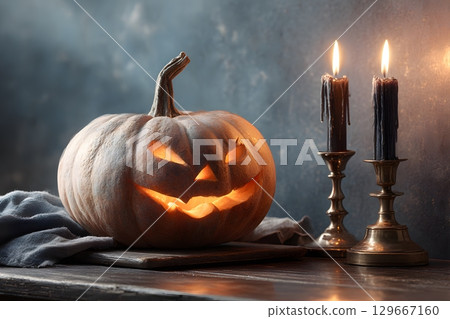 Halloween glowing pumpkin lights up the night, accompanied by dark burning candles, creating a mysterious autumn holiday ambiance. Halloween glowing pumpkin lights up the night, accompanied by dark burning candles, creating a mysterious autumn holiday ambiance. 129667160