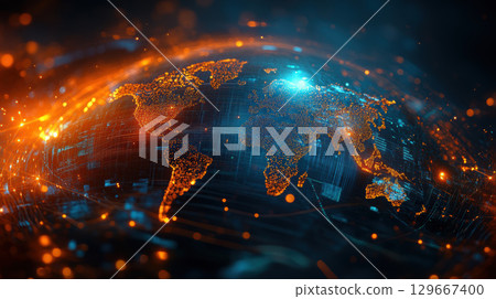 world map lines dots digital orange 129667400