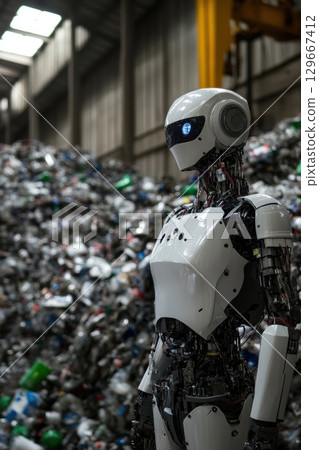 robot helmet eyes garbage humanoid stands robot helmet eyes garbage humanoid stands 129667412