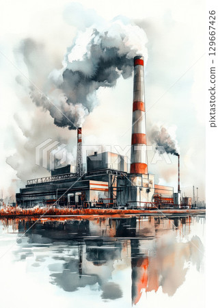 watercolor factory chimneys sky painting smoke watercolor factory chimneys sky painting smoke 129667426