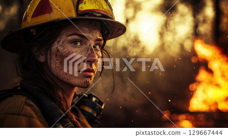 firefighters eyes firefighter wears helmet stripes 129667444