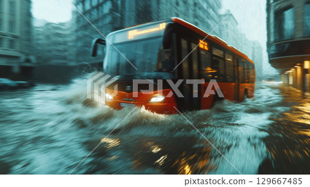 depiction bus street body water orange 129667485