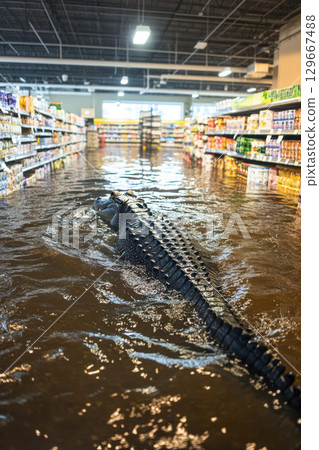 aerial view grocery store alligator water aerial view grocery store alligator water 129667488